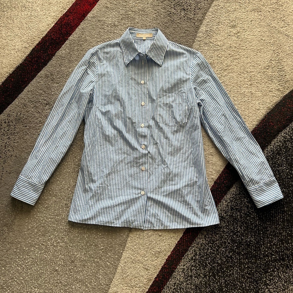 Michael Kors Blue Striped Seersucker Nautical Shirt